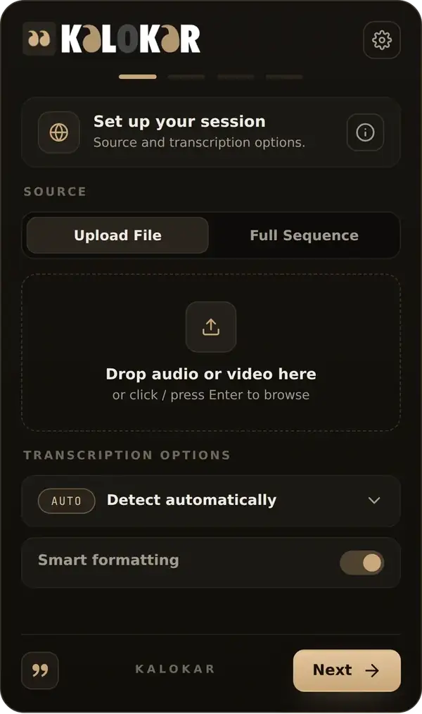 Kalakar Alternative. Choose a source, drop an audio or video file and pick transcription options.